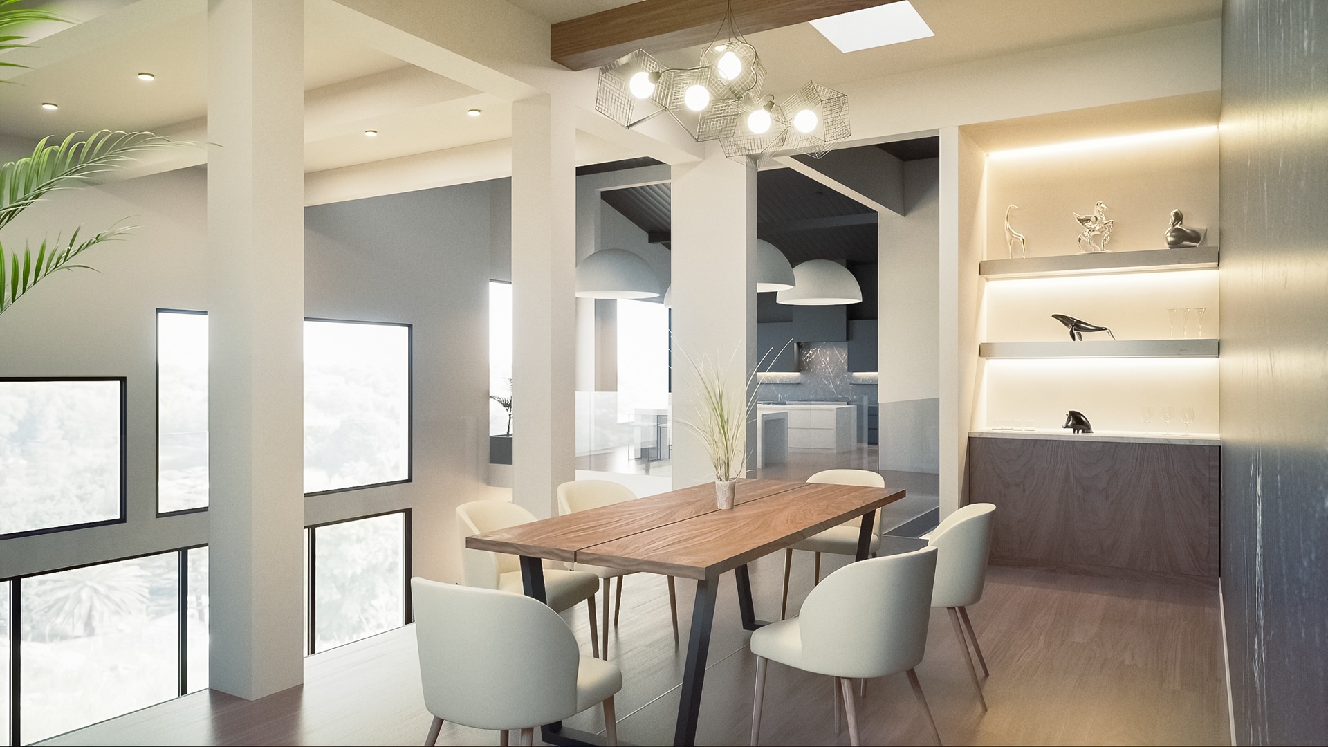 Dining area with wire pendant lights