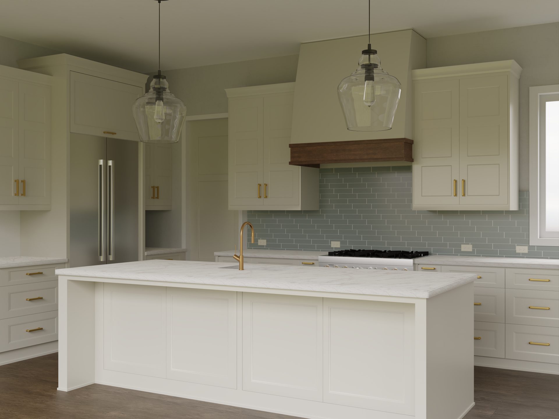 Sage green kitchen with brass hardware and handmade tile
