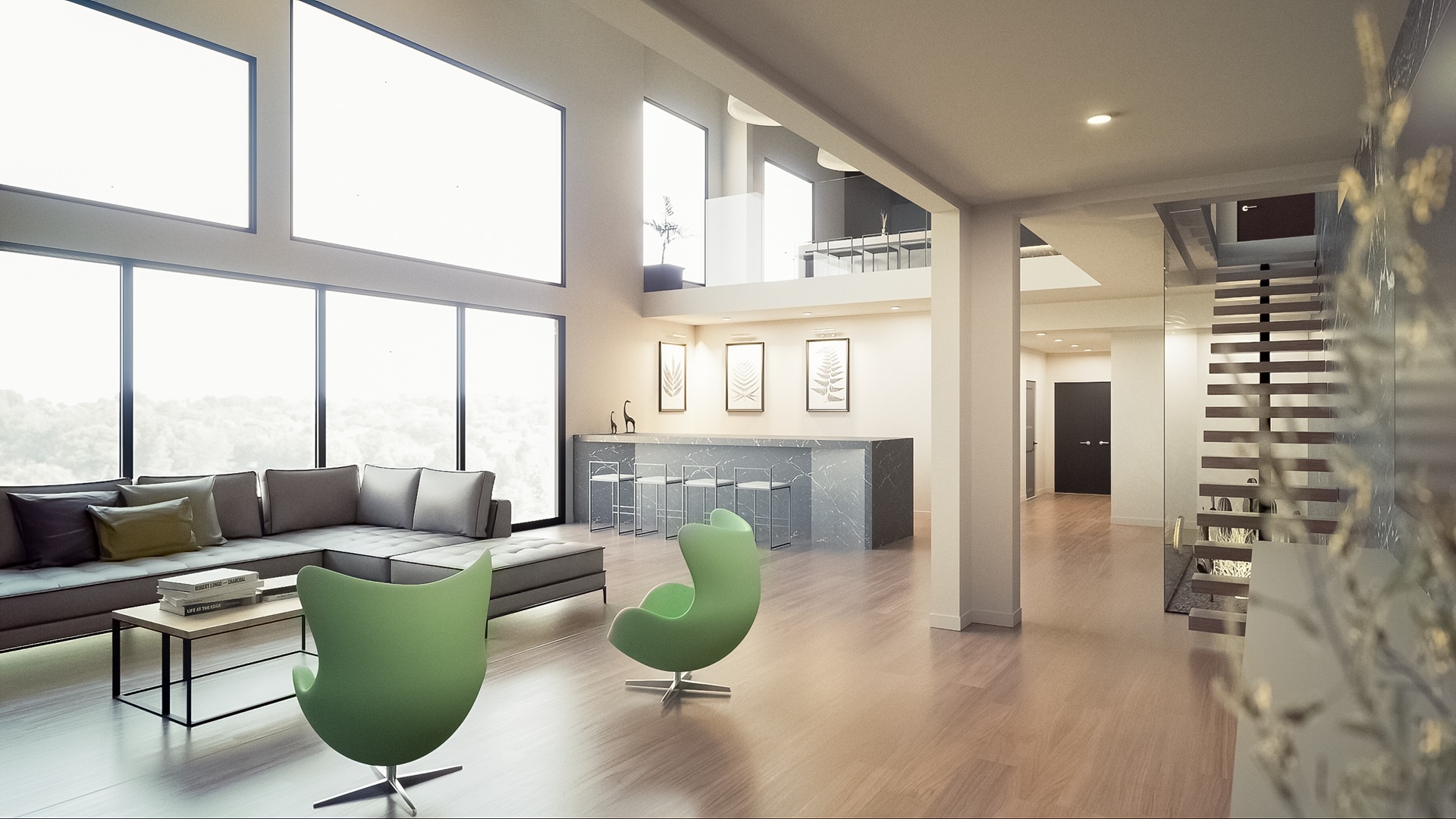 Double-height living room with green egg chairs