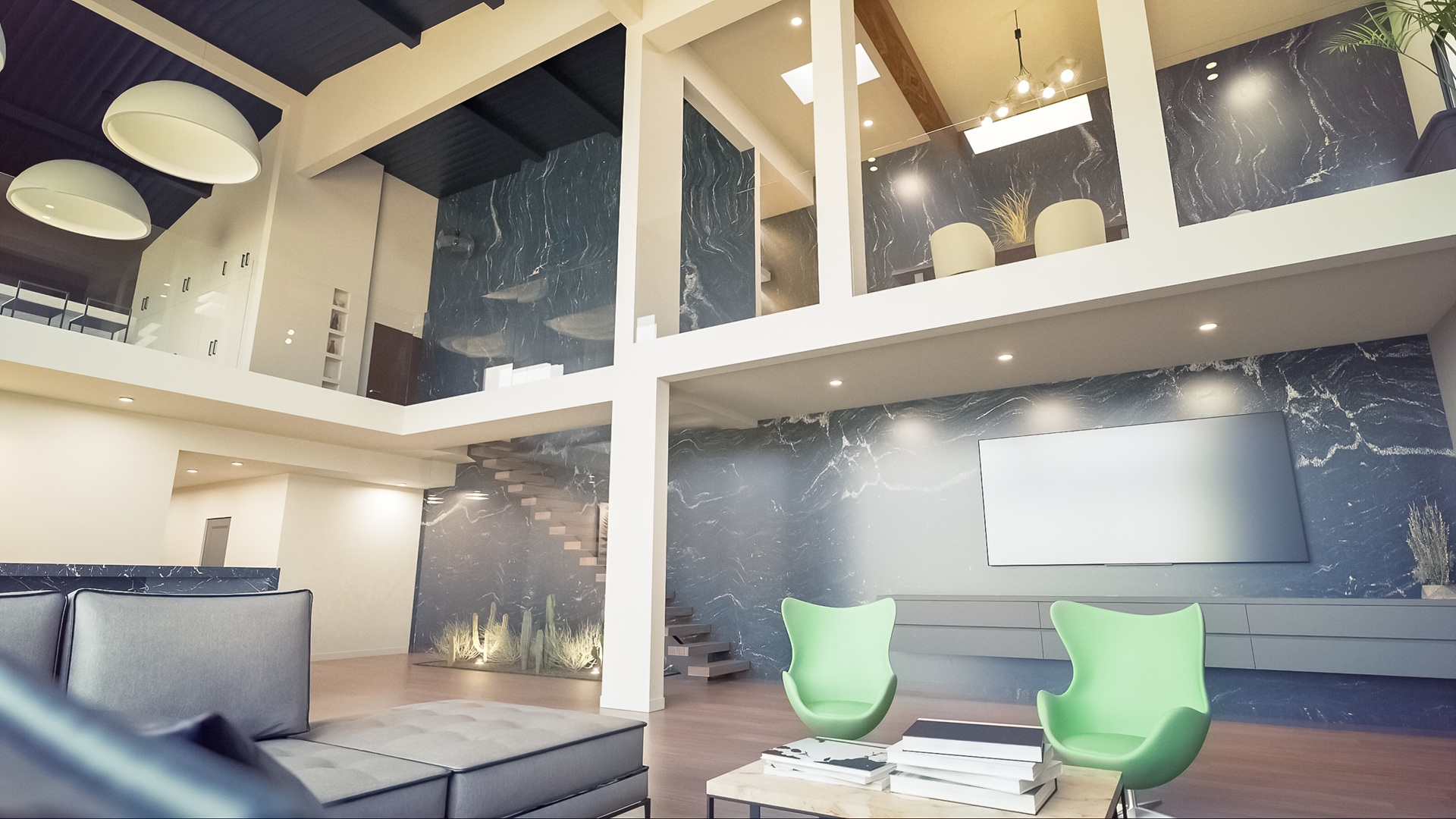 Double-height living room with marble feature walls