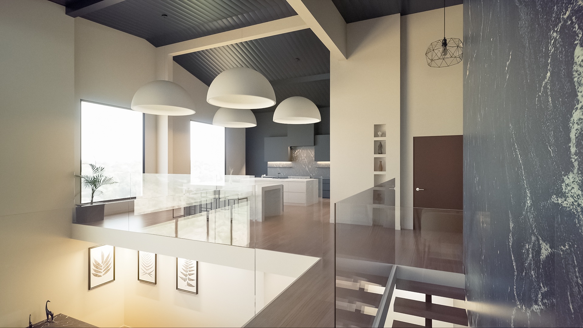 Mezzanine with dome pendants over the kitchen